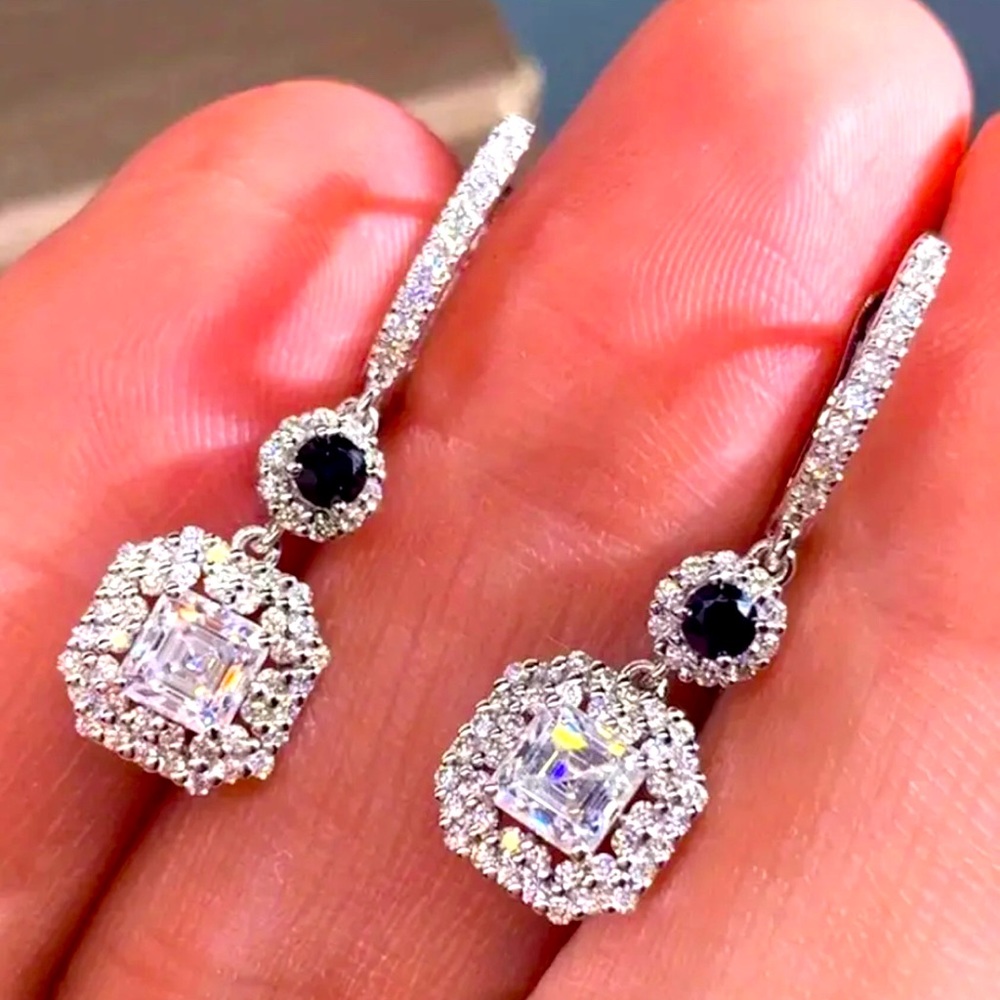 B💎Square Halo Drop Dangle Earrings silver plated 1.76 Simulated diamond Earring